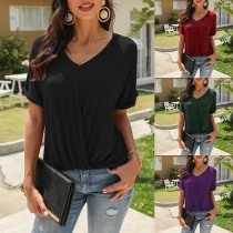 Fashion Solid Color Short Sleeve V-neck High-low Hem T-shirt