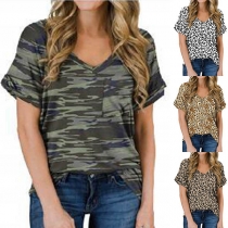 Fashion Short Sleeve V-neck Leopard Printed T-shirt