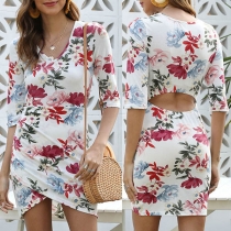 Fashion Half Sleeve V-neck Irregular Hem Slim Fit Printed Dress