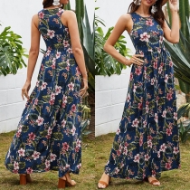 Fashion Sleeveless Round Neck High Waist Printed Maxi Dress