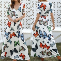 Fresh Style Short Sleeve V-neck Butterfly Printed Maxi Dress