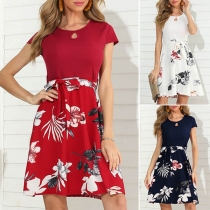 Fashion Short Sleeve Round Neck Printed Spliced Hem Dress
