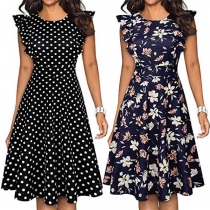 Fashion Lotus Sleeve Round Neck High Waist Printed Dress