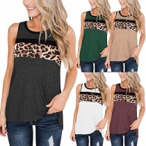 Fashion Leopard Spliced Sleeveless Round Neck Top
