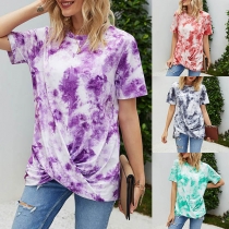 Fashion Short Sleeve Round Neck Twisted Hem Tie-dye Printed T-shirt