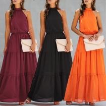 Sexy Off-shoulder High Waist Solid Color Halter Dress