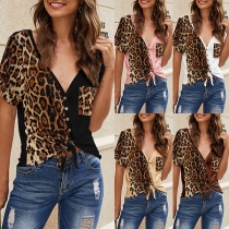 Fashion Leopard Spliced Short Sleeve Knotted Hem Top