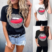 Fashion Leopard Lip Printed Short Sleeve Round Neck T-shirt