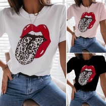 Fashion Leopard Spliced Lip Printed Short Sleeve T-shirt