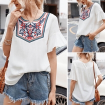 Fashion Embroidered Spliced Lotus Sleeve V-neck T-shirt