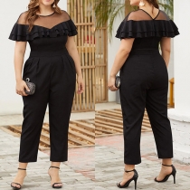 Sexy Gauze Spliced High Waist Round Neck Ruffle Jumpsuit