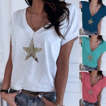 Fashion Sequin Star Short Sleeve V-neck T-shirt