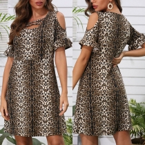 Sexy Off-shoulder Short Sleeve V-neck Leopard Printed Dress