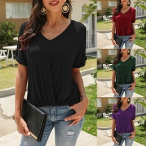 Fashion Short Sleeve Short Sleeve V-neck Twisted Hem T-shirt