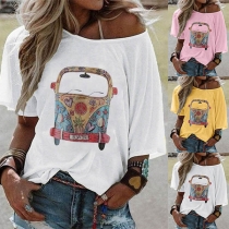 Fashion Half Sleeve Round Neck Bus Printed T-shirt