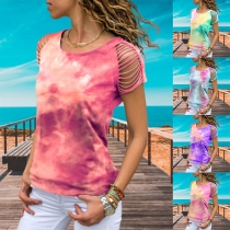 Fashion Hollow Out Short Sleeve Tie-dye Printed T-shirt