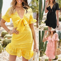 Sexy Lace-up V-neck Short Sleeve Slim Fit Dress