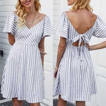 Sexy Backless V-neck Short Sleeve Striped Dress