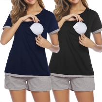 Fashion Contrast Color Short Sleeve Breastfeeding T-shirt + Shorts Two-piece Set