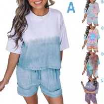 Fashion Tie-dye Printed Short Sleeve Top + Shorts Two-piece Set