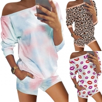 Fashion Leopard/Tie-dye Printed Long Sleeve Top + Shorts Two-piece Set