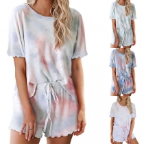Fashion Tie-dye Printed Short Sleeve T-shirt + Shorts Nightwear Set