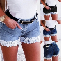 Fashion High Waist Lace Spliced Hem Slim Fit Denim Shorts
