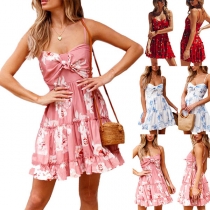 Sexy Backless Knotted V-neck Printed Sling Dress