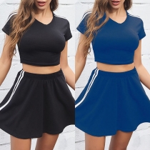 Fashion Striped Spliced Short Sleeve T-shirt + Skirt Two-piece Set
