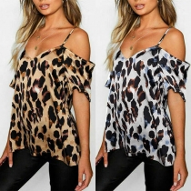 Sexy Off-shoulder Short Sleeve V-neck Leopard Printed Sling Top