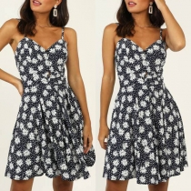 Sexy Backless V-neck High Waist Printed Sling Dress