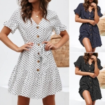 Fashion Short Sleeve V-neck Dots Printed Dress