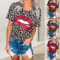 Chic Style Lip Pattern Short Sleeve Leopard Printed T-shirt