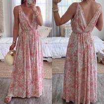 Sexy Backless Deep V-neck Sleeveless Printed Dress