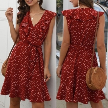Sexy Ruffle V-neck Dots Printed Sleeveless Dress