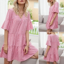 Sweet Style Lotus Sleeve V-neck Dots Printed Dress