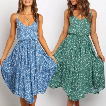 Bohemian Style Backless V-neck Printed Sling Dress