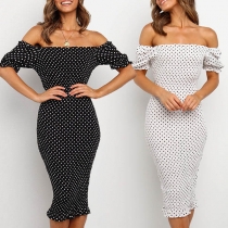 Sexy Puff Sleeve Boat Neck Dots Printed Slim Fit Dress