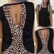 Sexy Backless Leopard Spliced Sleeveless Round Neck T-shirt