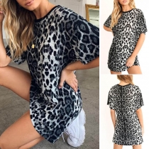 Fashion Leopard Printed Short Sleeve Round Neck Loose T-shirt