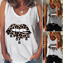 Chic Style Leopard Spliced Lip Pattern Round Neck Tank Top