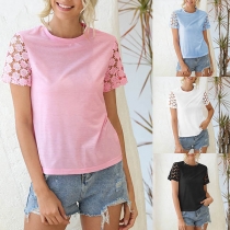 Fashion Lace Spliced Short Sleeve Round Neck Solid Color T-shirt