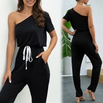 Sexy One-shoulder Short Sleeve High Waist Solid Color Jumpsuit