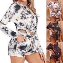 Fashion Long Sleeve Round Neck Printed T-shirt + Shorts Two-piece Set