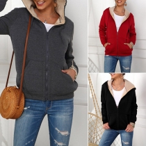 Fashion Solid Color Long Sleeve Hooded Plush Lining Sweatshirt Coat