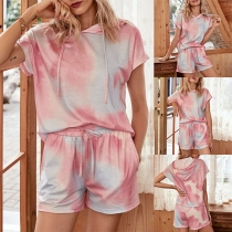 Fashion Tie-dye Printed Short Sleeve Hooded Top + Shorts Two-piece Set
