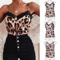 Sexy Backless V-neck Lace Spliced Leopard Printed Sling Top