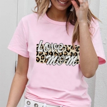 Fashion Leopard Letters Printed Short Sleeve Round Neck T-shirt