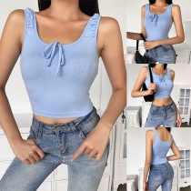 Fashion Solid Color Sleeveless Round Neck Crop Top