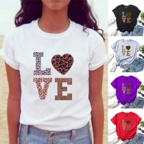 Fashion Leopard Letters Printed Short Sleeve Round Neck T-shirt